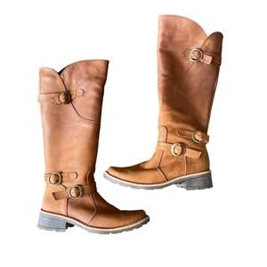 Leather Knee High Riding Boots Brown Buckle Tall Fall Winter Boots Size 6